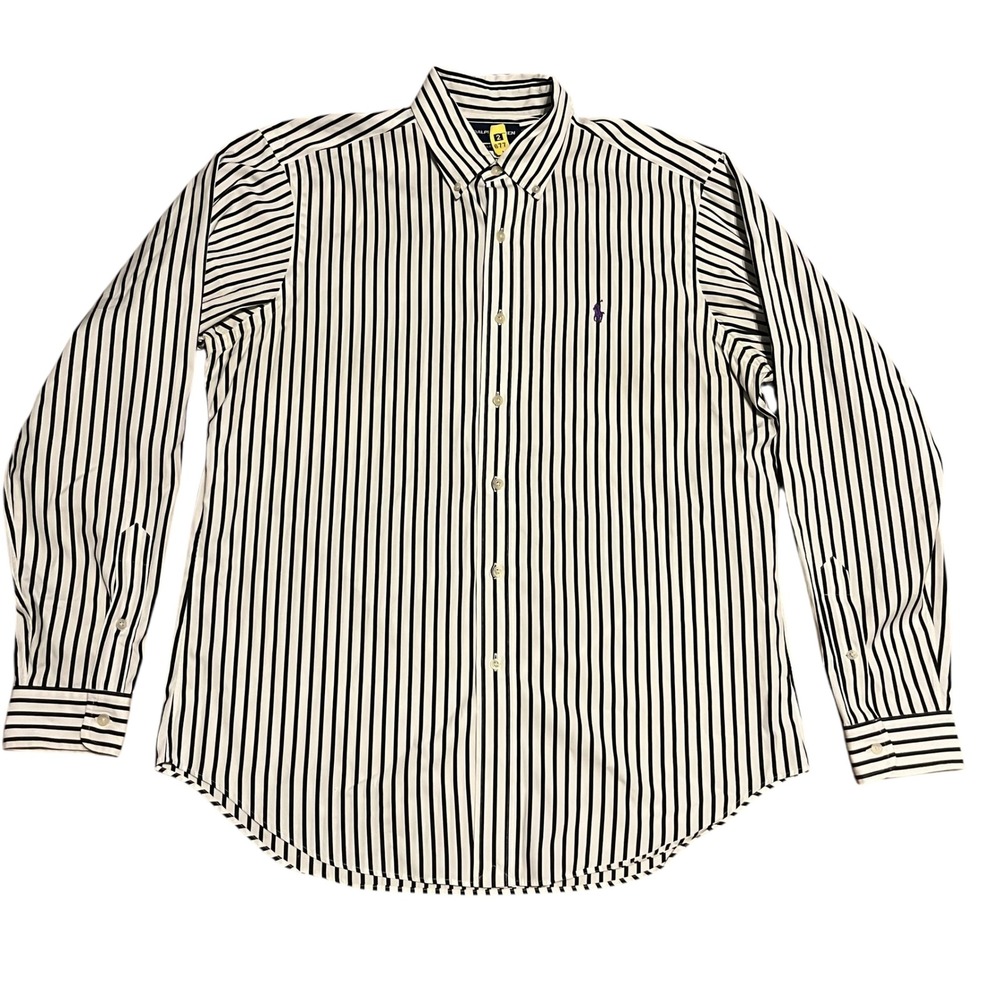 Ralph Lauren Golf Mens Large Black White Striped Button Down Shirt Purple Pony